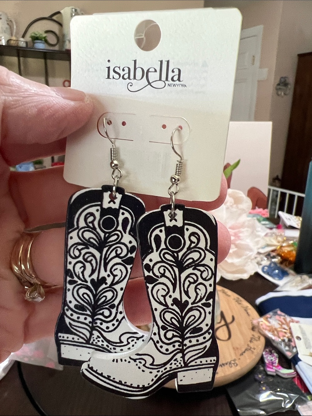 New Isabella Black & White Western Boot Earrings